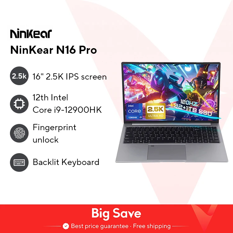 Laptop da gioco Ninkear N16 PRO 13th Intel i7-13620H WiFi 6 Notebook da ufficio da 16 pollici 2,5K IPS 120Hz 32GB DDR4 + 1TB SSD