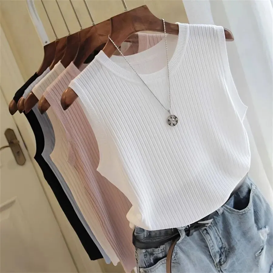 2025 verão nova moda coletes de malha o pescoço sem mangas casual fino topos sem mangas blusa camisa feminina
