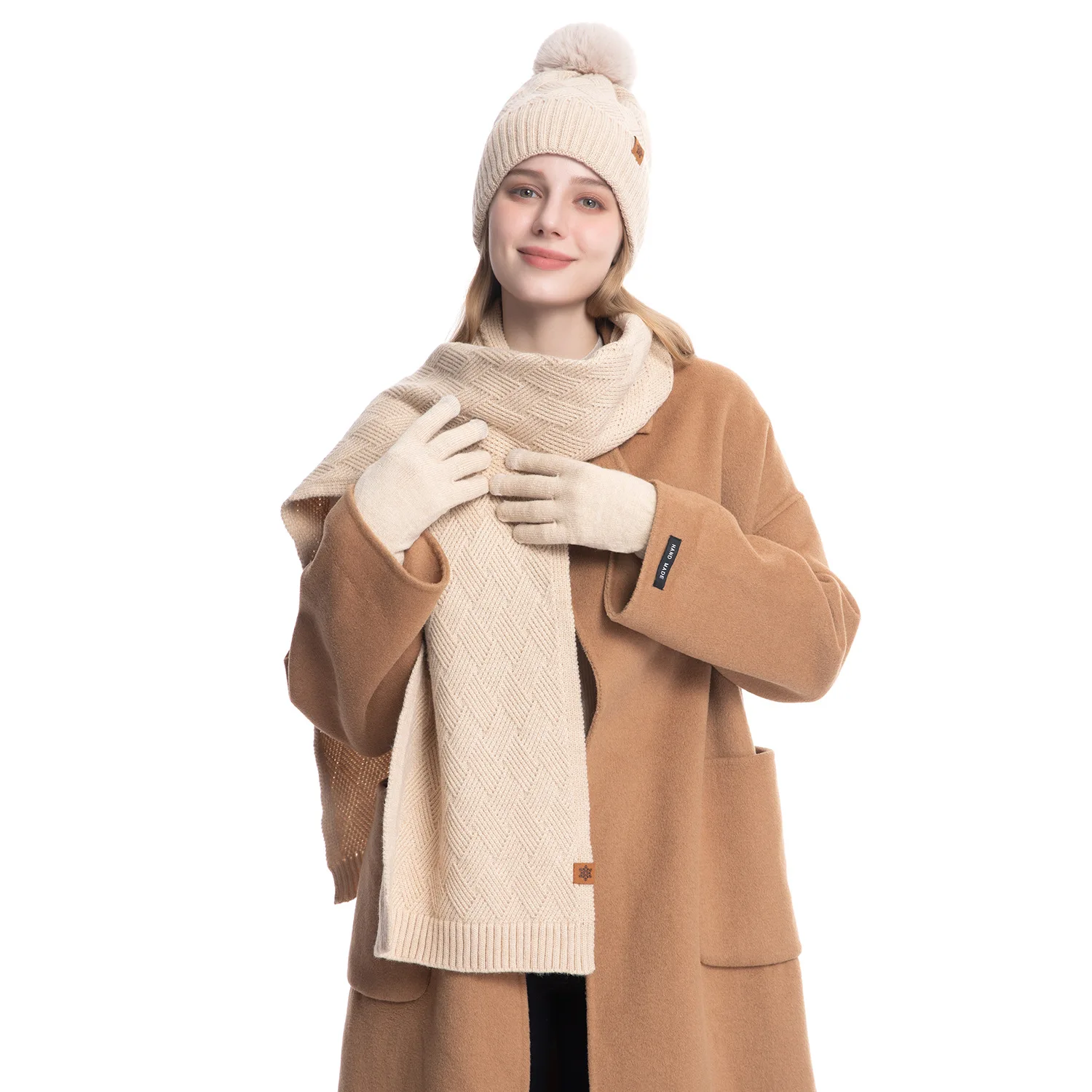 Set di guanti sciarpa con cappello lavorato a maglia da donna, combinato termico invernale in 3 pezzi, berretto da esterno a doppio strato