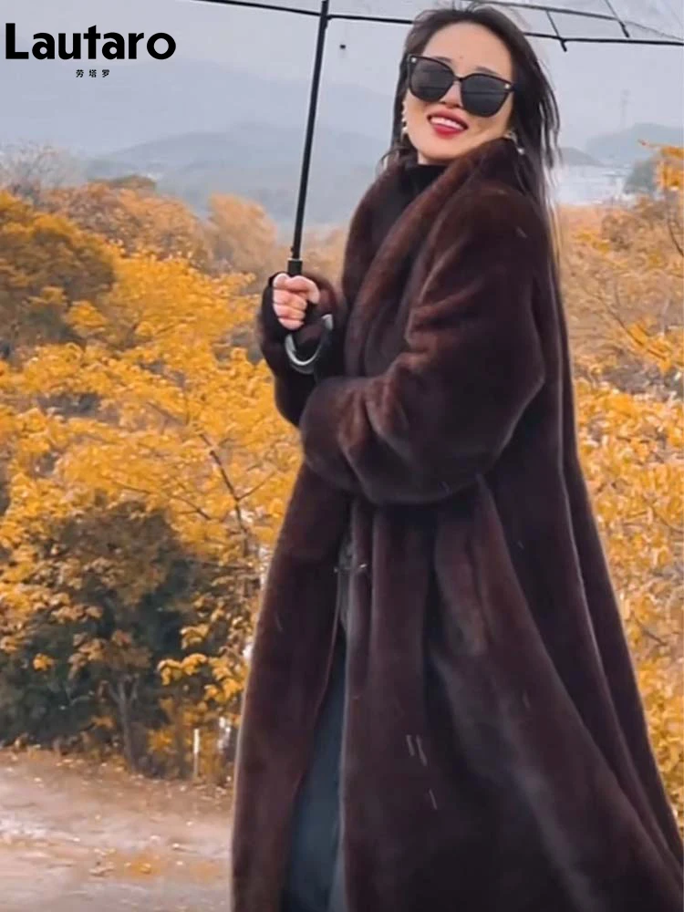 Lautaro hiver longue surdimensionné chaud épais moelleux marron jupe douce fausse fourrure de vison manteau femmes élégant luxe fourrure pardessus 2024