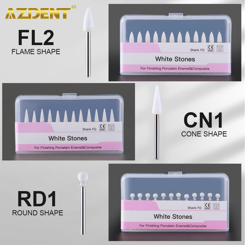 Pulidor Dental AZDENT, cono de llama de piedra blanca, herramienta de pulido de forma redonda, instrumento de odontología de porcelana de resina de Metal, 12 unids/pack
