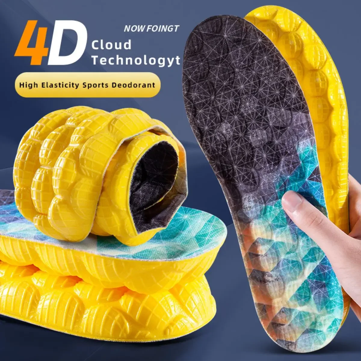 แผ่นรองรองเท้ากีฬา 1 คู่ เทคโนโลยี 4D Cloud ยืดหยุ่นสูง ระงับกลิ่นเท้า สีเหลือง พื้นรองเท้า PU ระบายอากาศได้ดี สำหรับผู้ชาย วิ่งออกกำลังกาย