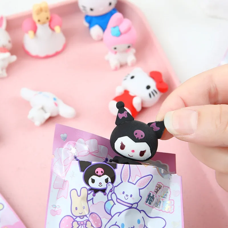 Sanrio 만화 지우개 고무 16/32pcs Kawaii 학생 문구 Kuromi 헬로 키티 3D 지우개 청소 도구 학교 어린이 선물