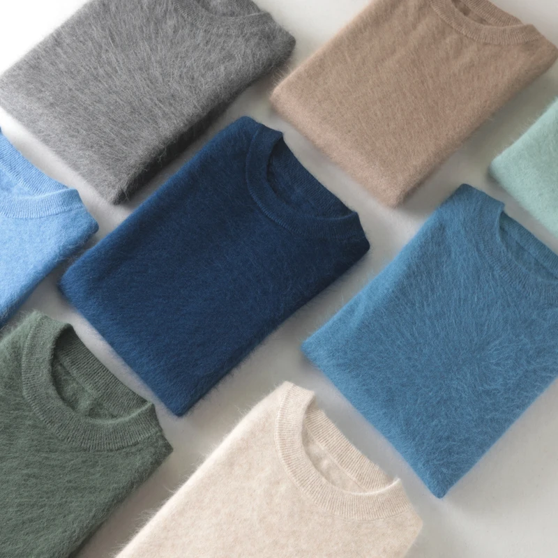 Suéter masculino de caxemira de vison puro 100%, pulôveres com gola redonda, malha de tamanho grande, suéter de vison, inverno, novos tops de manga comprida, jumpers de alta qualidade