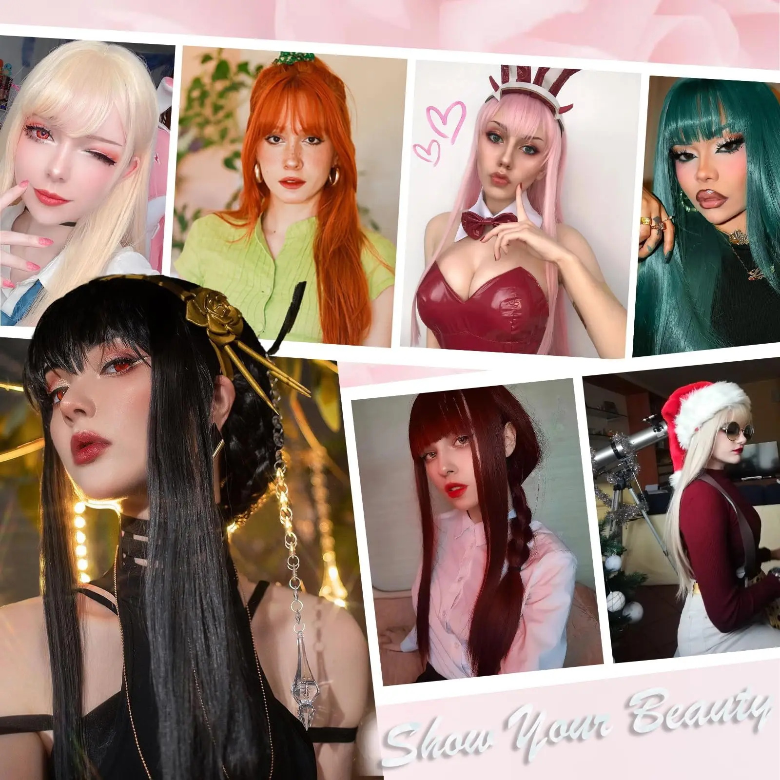 Roze lang steil haar synthetische pruik voor Halloween cosplay, pruik voor dagelijks gebruik, haaraccessoire voor hoge temperaturen