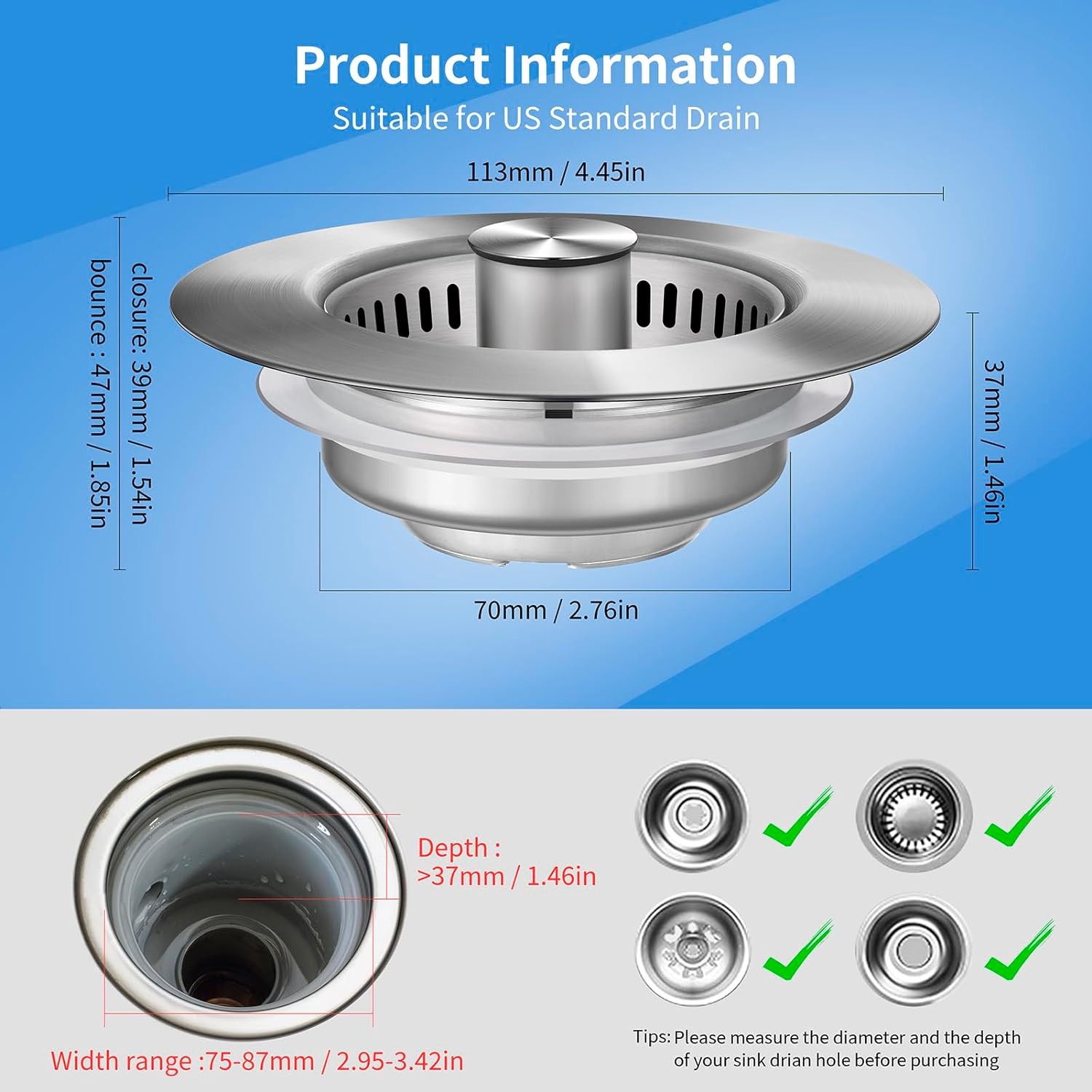 อ่างล้างจานท่อระบายน้ําสแตนเลส Pop Up Sink Stopper Anti-Clogging Sink อาหาร Catcher ตะกร้ากรองกลิ่นอ่างล้างจานปลั๊ก