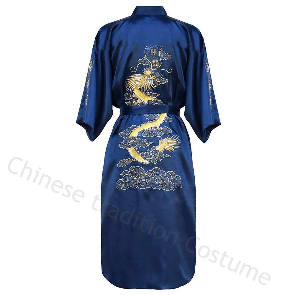Chinesische Art Robe klassische Stickerei Drachen Kimono Mann Homewear langen Bademantel Satin Nachthemd lose Nachtwäsche Lounge wear