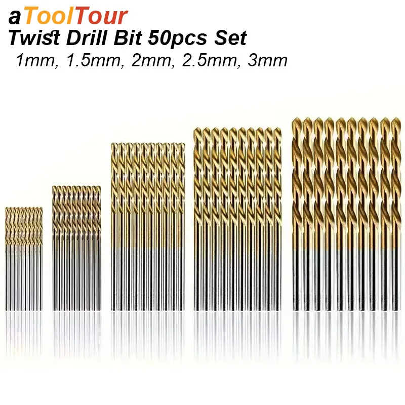 Straight Shank Twist Drill Bit Set Titanium Coated High Speed Steel HHS Wood Plastic Aluminium Cutter Woodworking Tool 50pcs