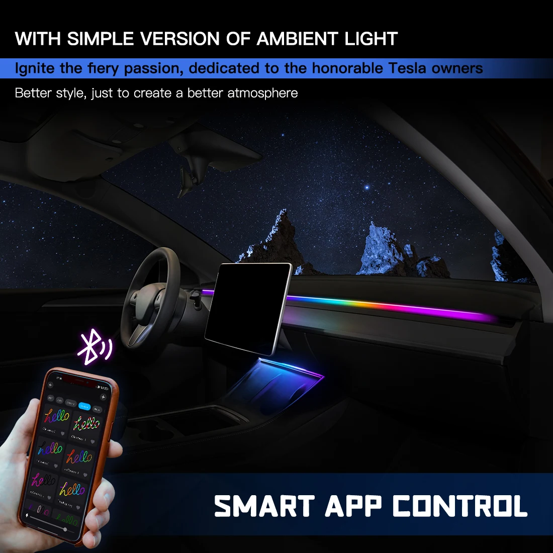 Luces ambientales para coche, módulo de apagado automático, guantera de 30 y 60 segundos, base de expansión USB, sinfonía, tiras de 140cm para Tesla Model 3 Y S X
