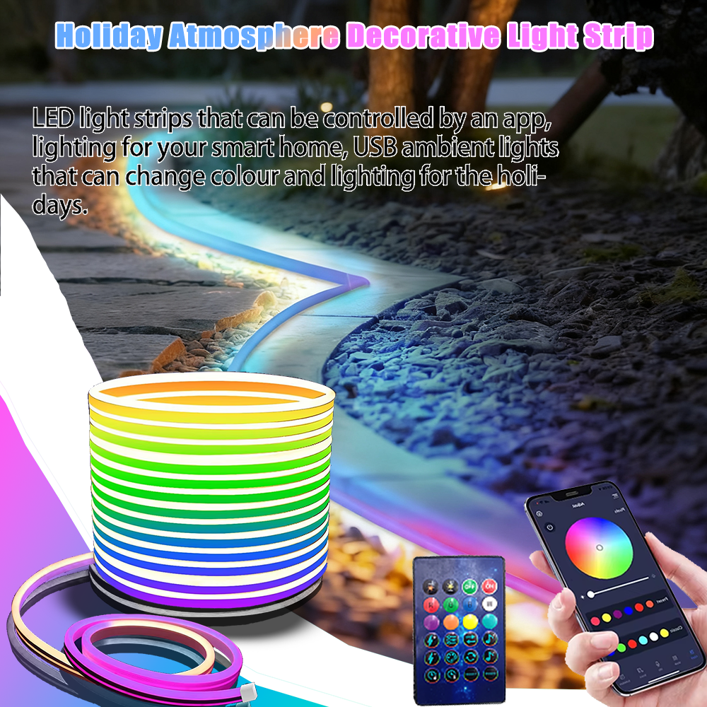 Luces de tira LED flexibles, luces de tira de neón que cambian de color RGB con aplicación/control remoto, luces de neón LED para exteriores impermeables IP67。