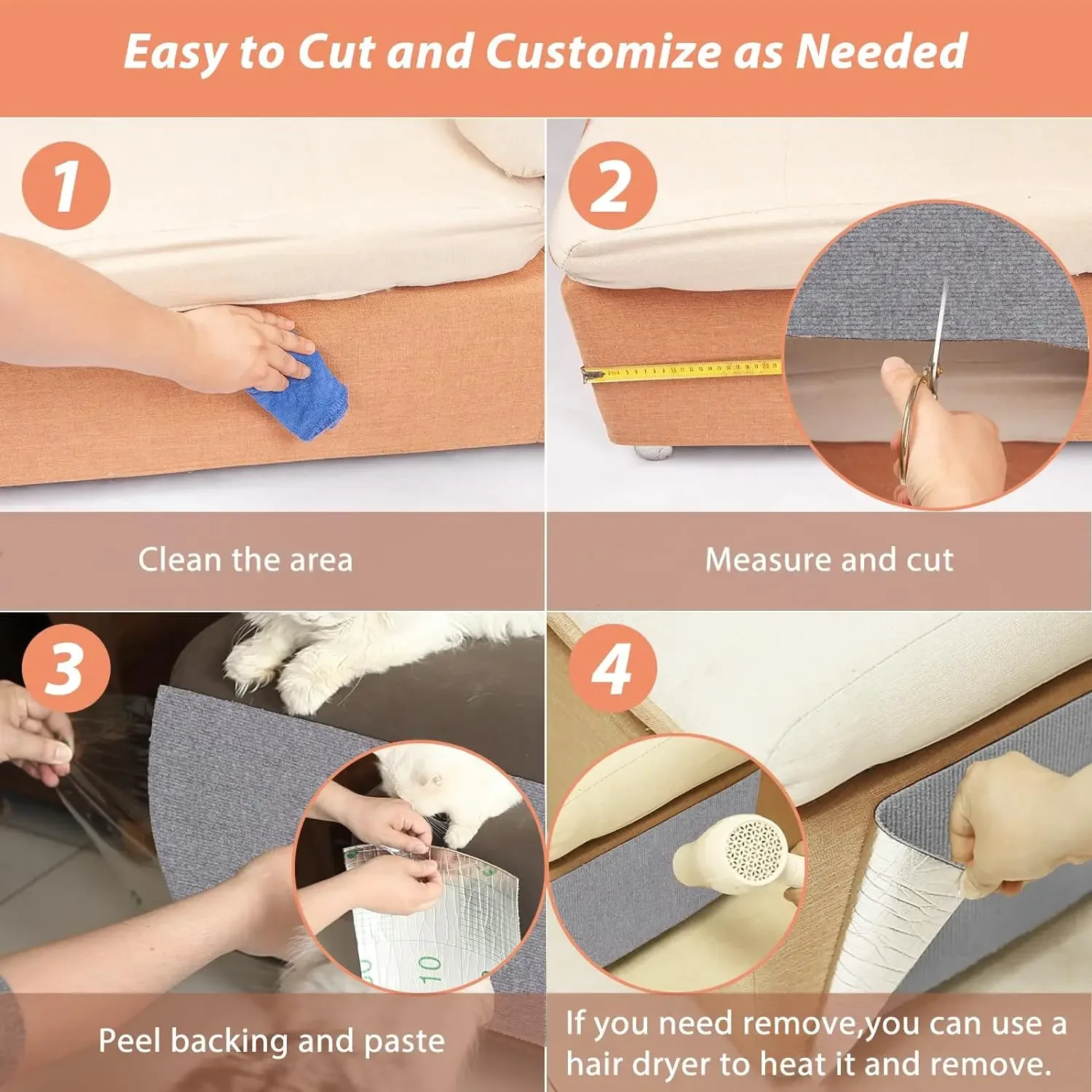 Protector de arañazos para gatos con autoadhesivo, alfombrilla de corte de forma libre, protección contra arañazos para gatos, muebles de entrenamiento para mascotas, Protector de sofá
