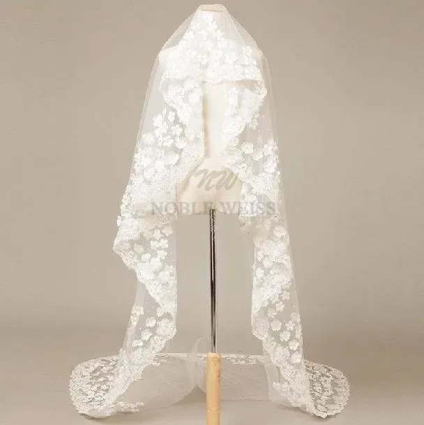 Véu de noiva 3d flores longo véu de casamento mantilla acessórios de casamento apliques com flores de renda personalizado