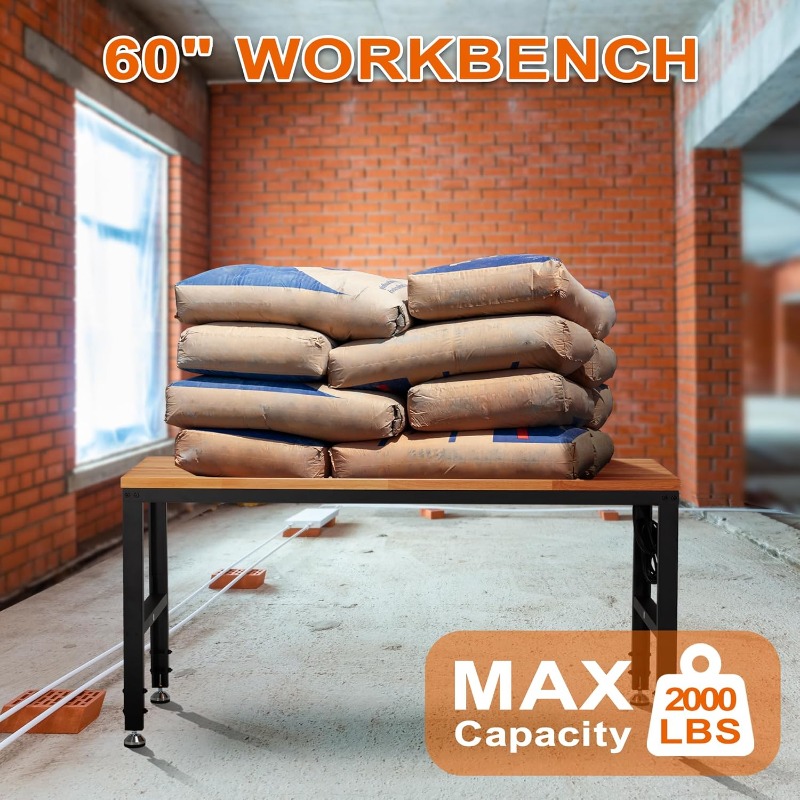 Haddockway Adjustable Workbench for Garage, 60" x 22" Rubber Wood Top Worktable with Power Outlets, Max 2000 Lbs Load Capacity H
