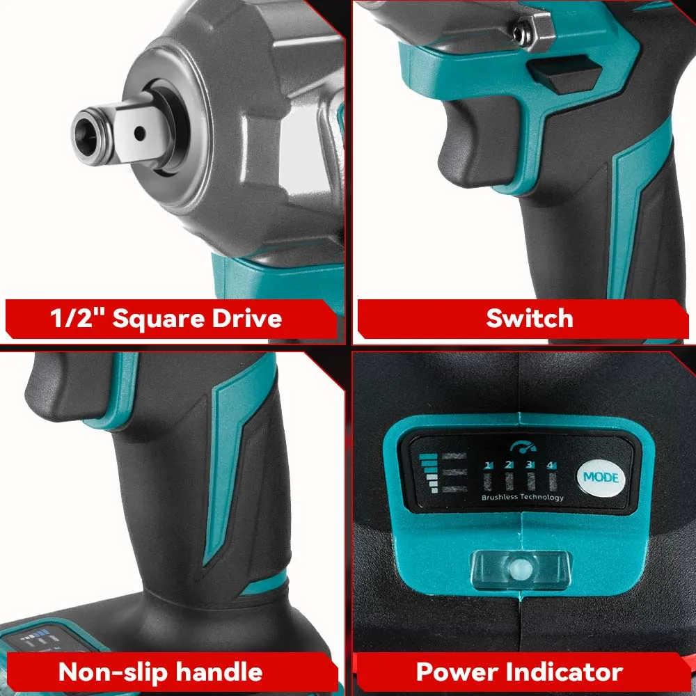 ONEVAN 1200N.M Llave de impacto eléctrica sin escobillas de 1/2 pulgadas, herramientas de destornillador de taladro inalámbrico de 3 funciones para Pin de batería Makita de 18V