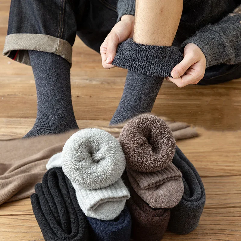 3 par/lote calcetines de lana gruesos de invierno para hombre toalla de compresión térmica calcetines altos cómodos abrigo cálido calcetines de nieve para pantorrilla EU38-46