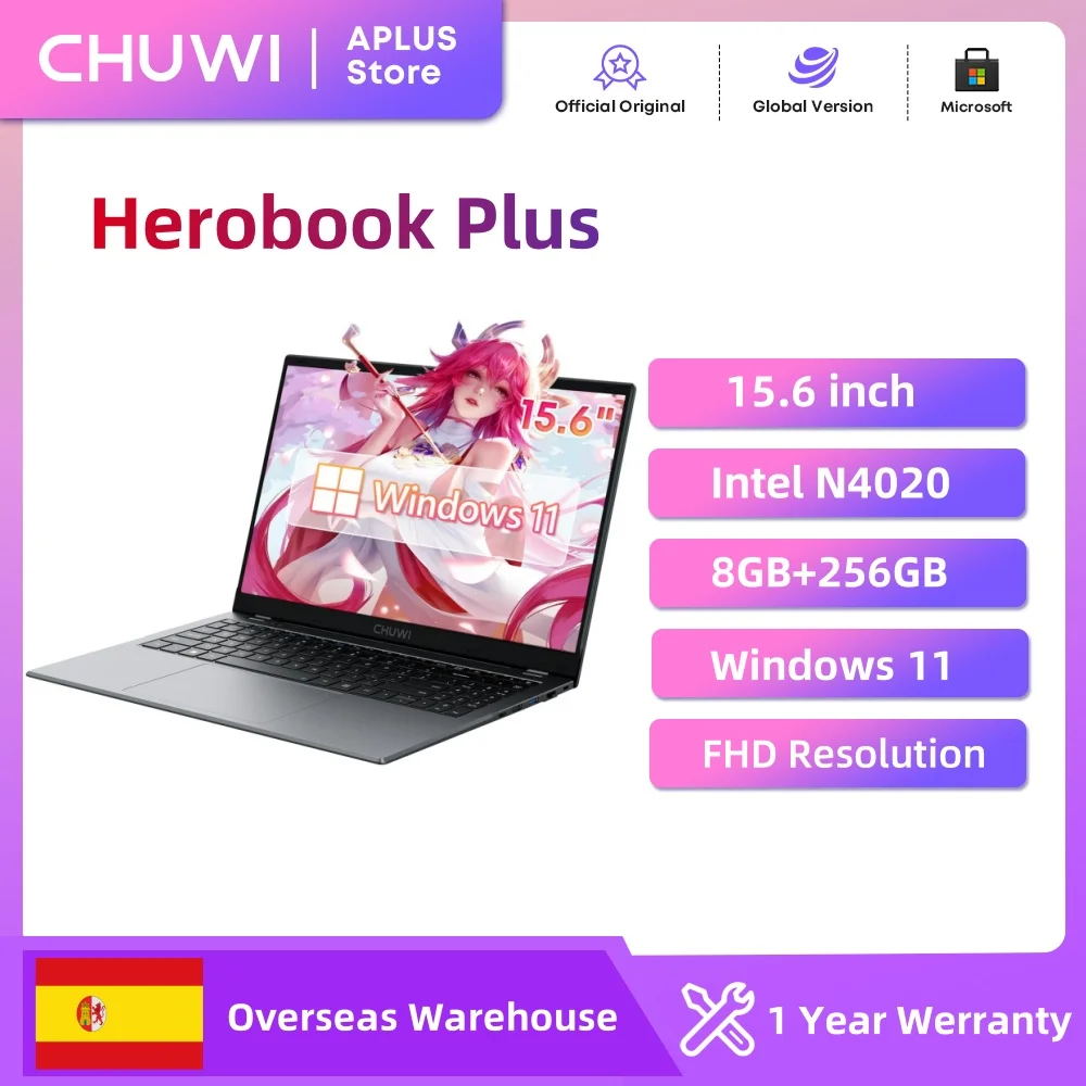 CHUWI HeroBook Plus portátil de 15,6 pulgadas 256 GB SSD 8 GB de RAM, computadora portátil Windows 11, expansión SSD de 1 TB, Intel Celeron N4020, pantalla 2K FHD IPS