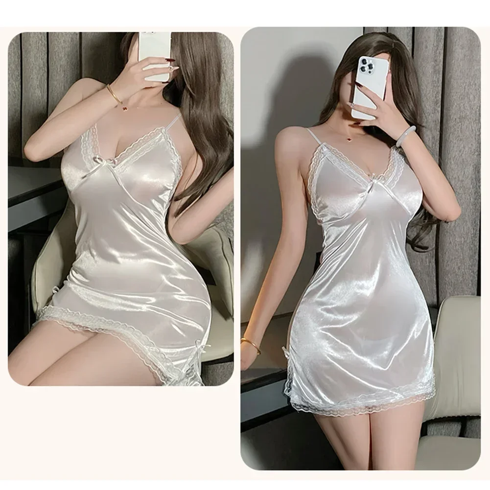 Lencería sexy Camisola de satén para mujer Camisón Tanga Camisón con abertura de encaje fino Bowknot