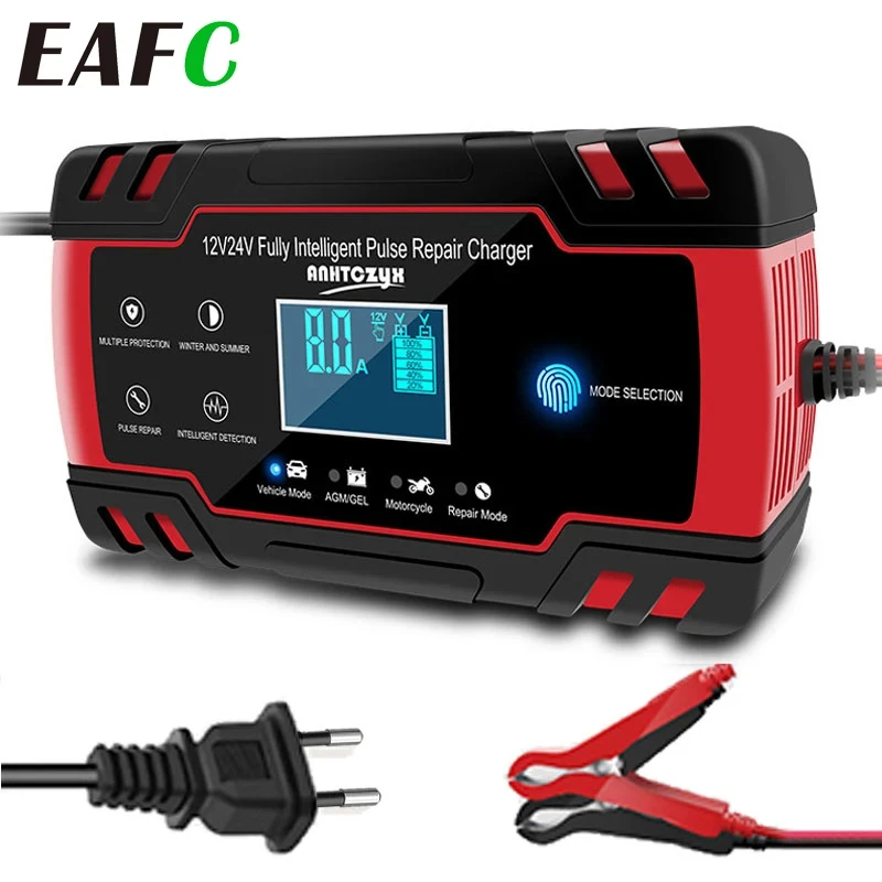 Cargador de batería completamente automático de 12-24V, 6/8A, pantalla LCD Digital, cargadores de batería de coche, cargadores de reparación de pulsos de energía, ácido de plomo seco y húmedo
