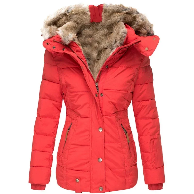Abrigo de algodón con cuello de lana cálido de invierno Abrigo de algodón con capucha ajustado de manga larga con cremallera para mujer