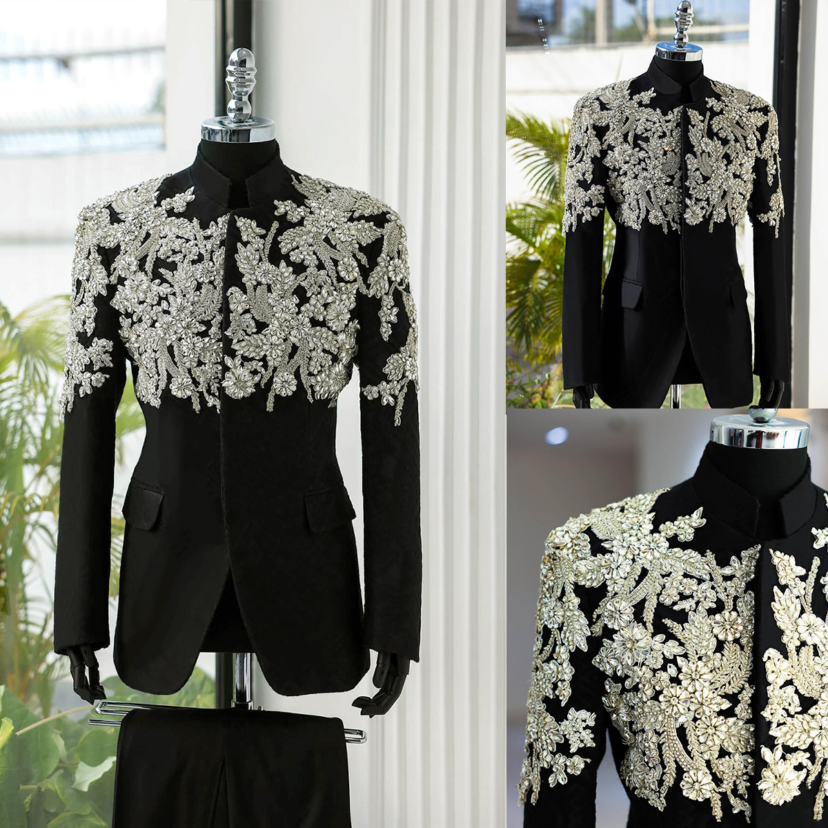 Fatos de casamento de colarinho masculino, Crystal Appliques Smoking para Noivo, calças Blazer de Luxo para Festa, Custom Made, 2 PCs