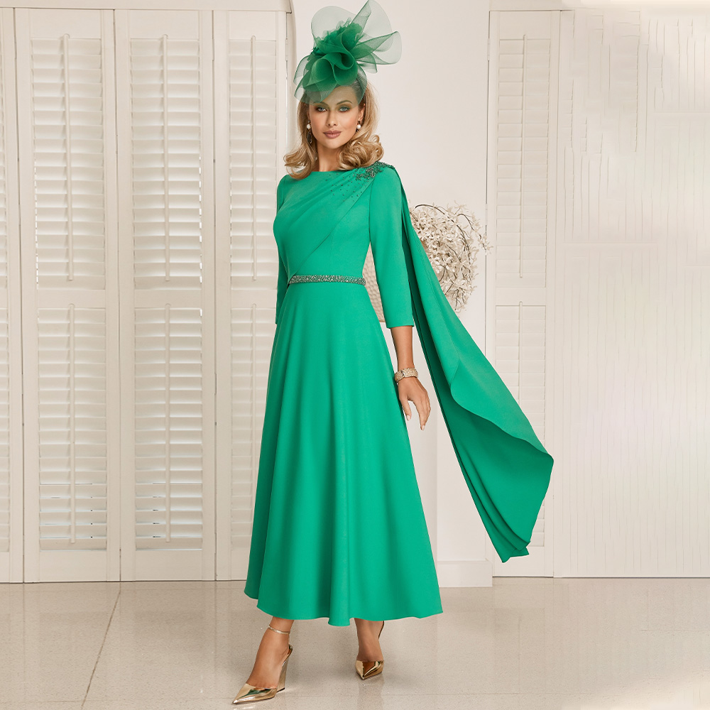 Mutter der Braut Kleid für Hochzeiten knöchel langen O-Ausschnitt Ärmel eine Linie Perlen Gürtel Apfel grün kurze Hochzeit Gast kleider