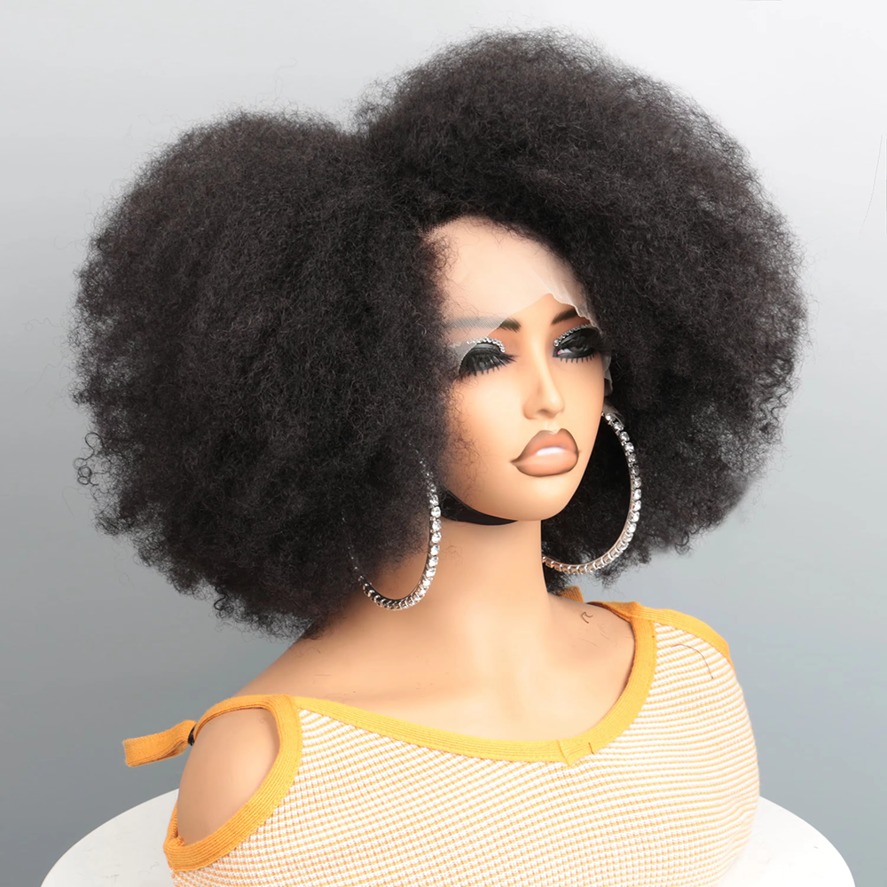 Afro Kinky Curlyโปร่งใสลูกไม้ด้านหน้าวิกผมบราซิลRemyมนุษย์ผมลูกไม้เส้นผมธรรมชาติ 13X4X2 Afroสั้นBobวิกผมมนุษย์