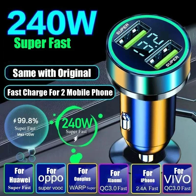 Cargador de coche de 240W, adaptador de carga rápida con 2 puertos USB para IPhone, Samsung, Xiaomi, cargadores de carga rápida con pantalla Digital