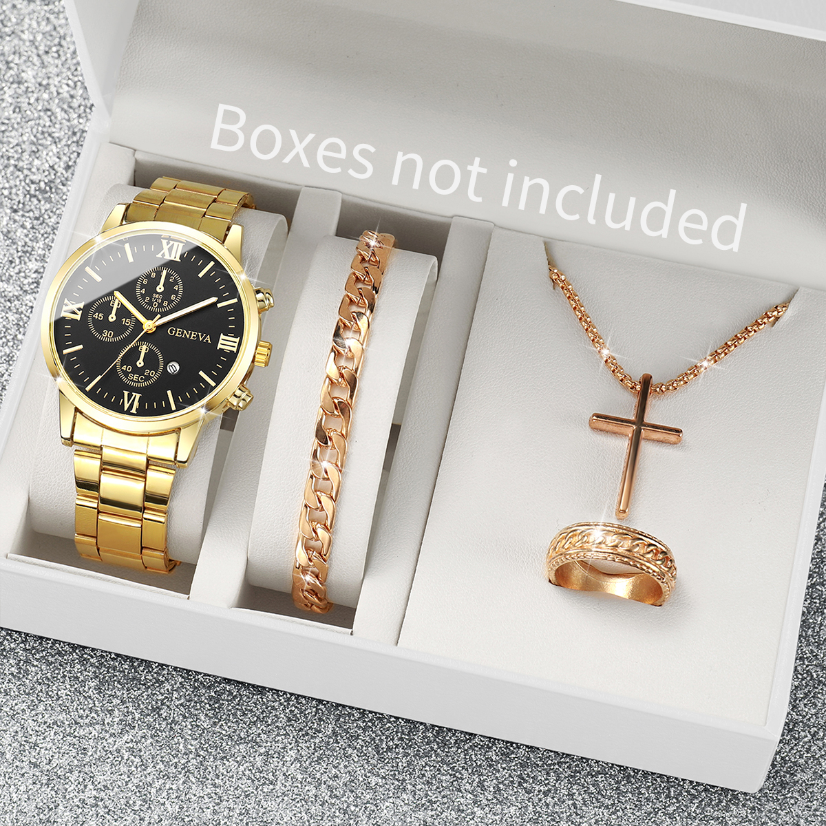 Masculino Relógio de quartzo de aço dourado, banda analógica, relógios de negócios, moda, conjunto de jóias sem caixa, 4 peças por conjunto