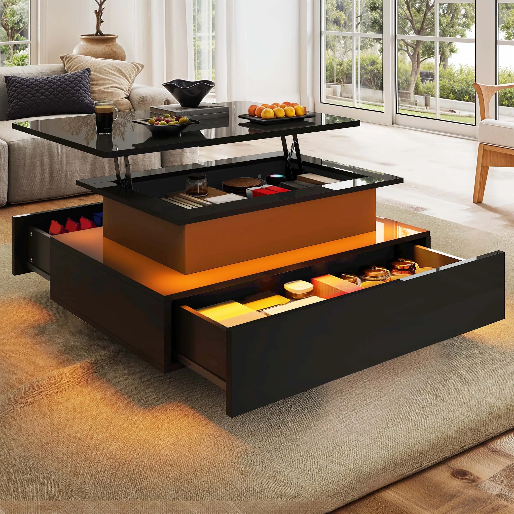 Mesa de centro elevatória YITAHOME - design moderno retangular com iluminação LED de 16 cores e 2 gavetas, superfície iluminada elevada