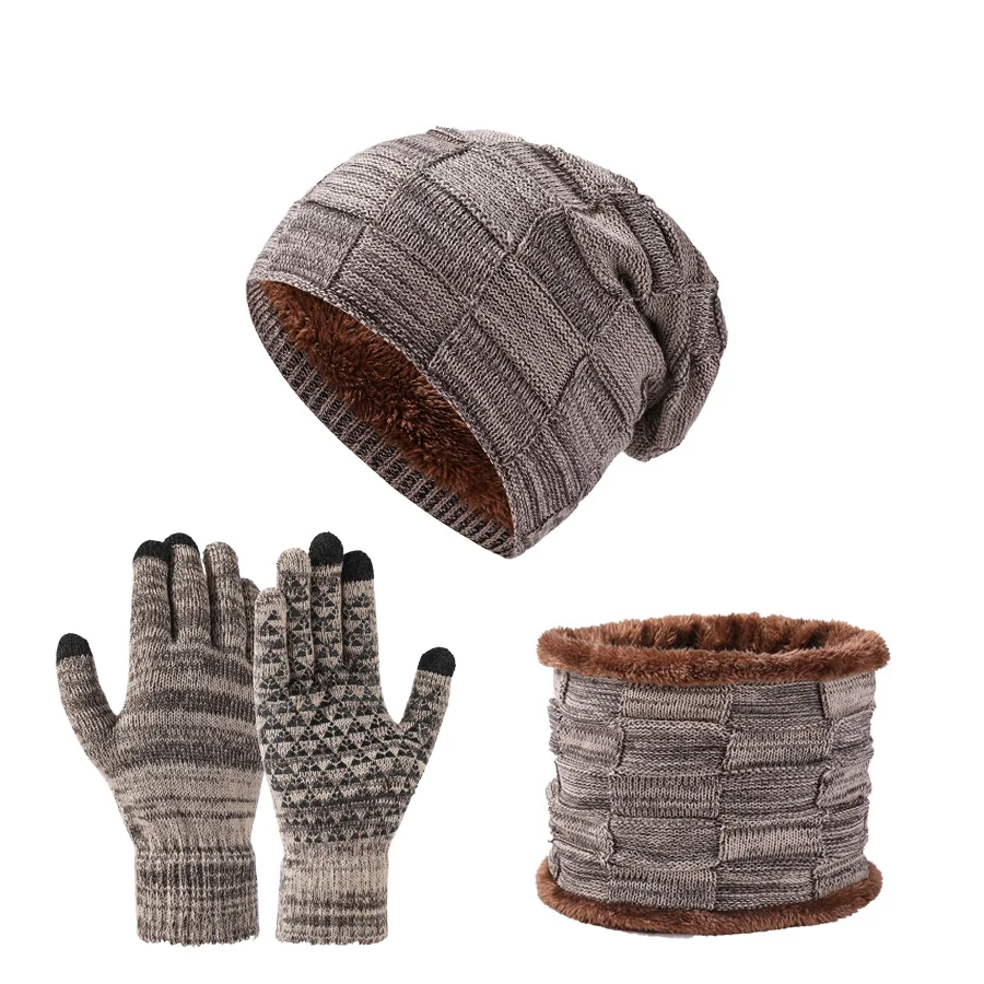 Autumn Winter Unisex Warm & Soft Winter Fleece-lined Knitted Hat,Scarves And Touch Screen Gloves 3-Piece Set