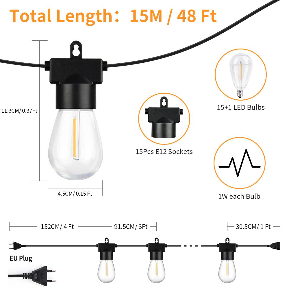 15M S14 LED Outdoor Tuinlamp String Sprookje Kerst Home Decor Cafe Bruiloft Straatverlichting Festoen