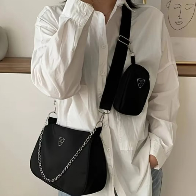 2-Piece Nylon Shoulder Bag Set: Chic Solid Color Handbags with Chain Strap for Daily Use & Travel