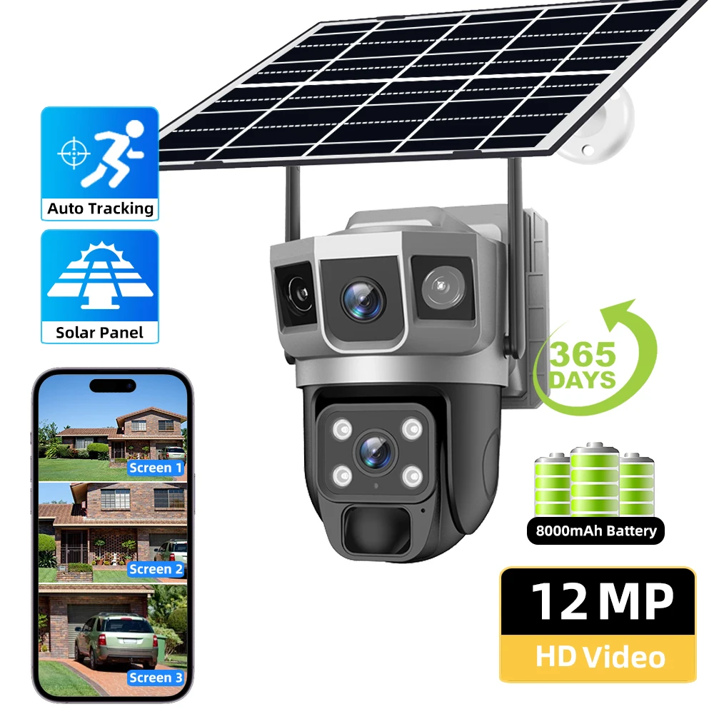 V380 Pro 12 MP Solar 4G SIM Camera Security CCTV Three Screen Auto Tracking Outdoor waterproof 6K Surveillance WIFI PTZ Camera