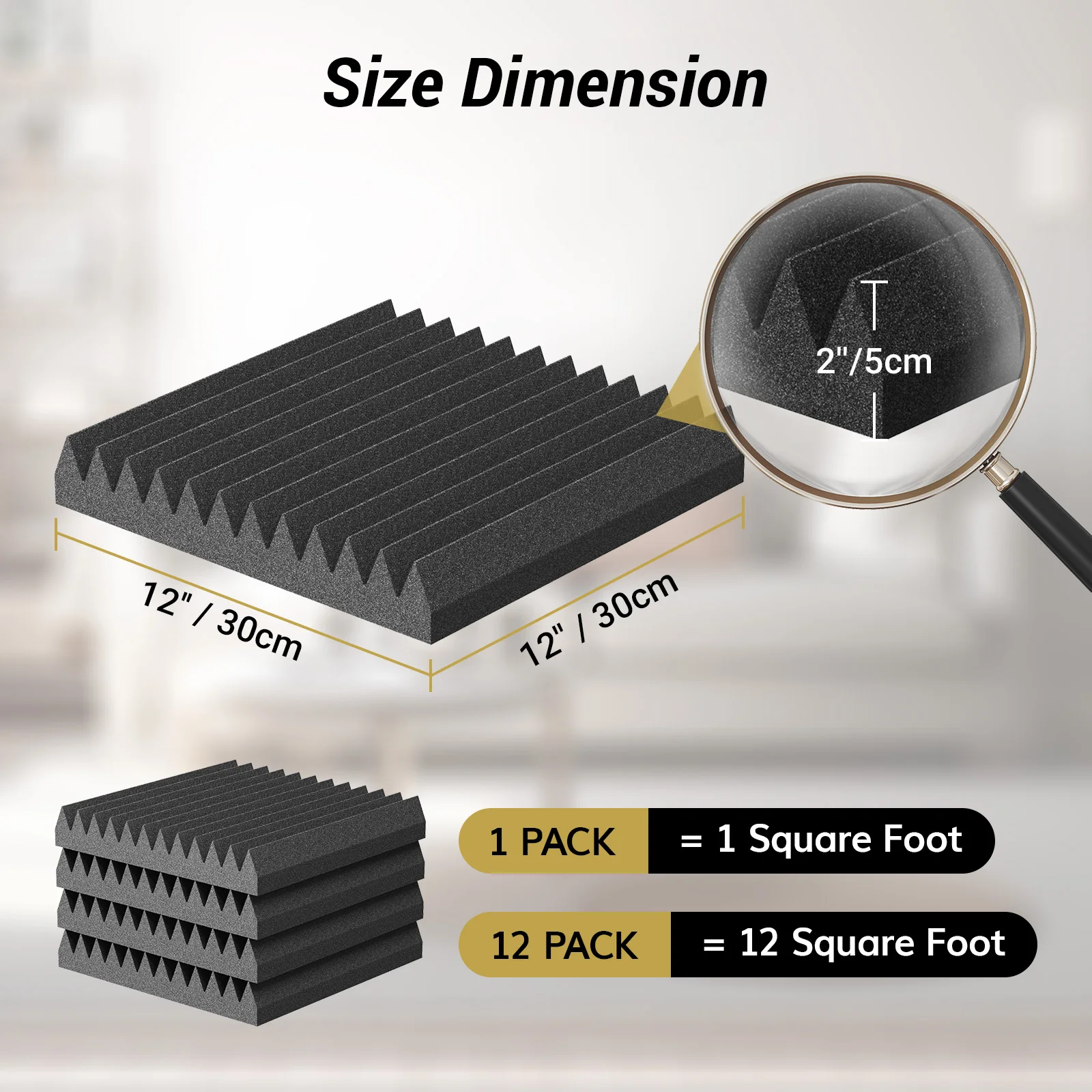 12*12*2 Inches Self-Adhesive Acoustic Foam Panels, 3D Pyramid Designed Sound Pannels for Absorption of Echoes, Fast Expand