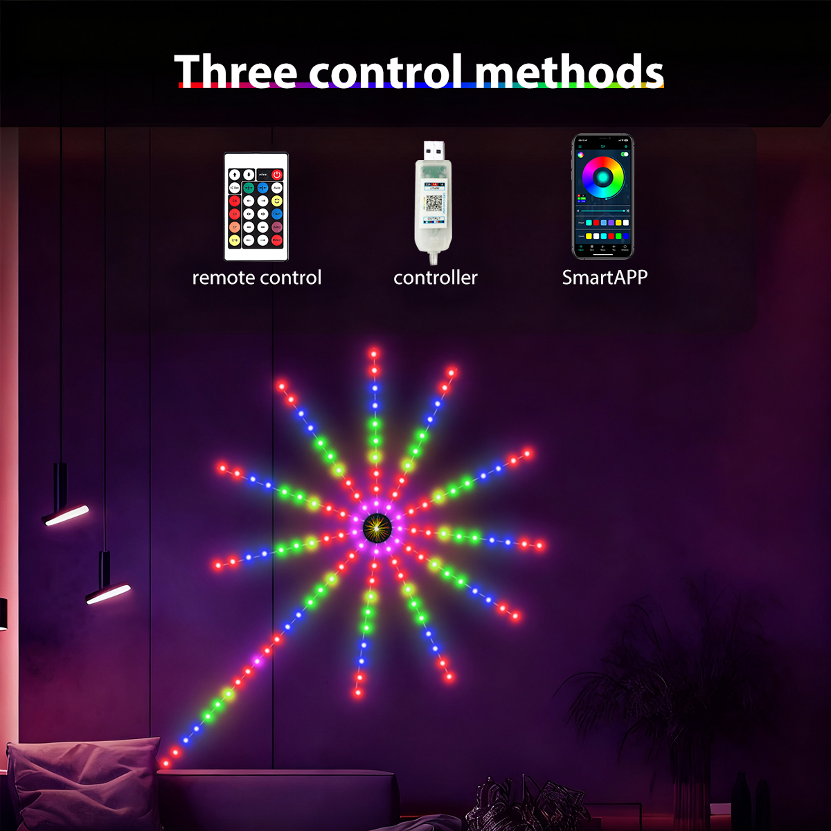 1pc RGB Firework Flexible LED Strip Lights 5V USB With Bluetooth Remote Voice-Activated Christmas Decoration Lights for Bedroom