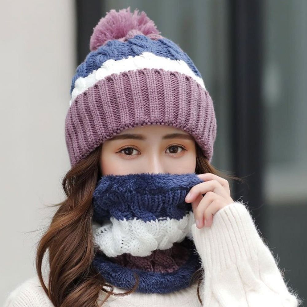 2PCS/Set Winter Warm Knitted Hat Neck Protection Windproof Beanies Hat Plush Soft Scarf Set Women