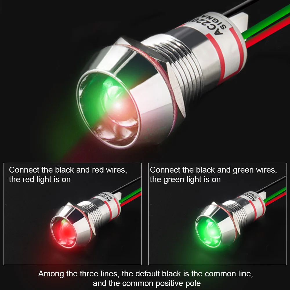 Two Color Metal Indicator Light Signal Lamp With Wire LED Waterproof Green Red 3V 6V 12V 24V 110V 220V 8MM 10MM 12MM 14MM 16MM