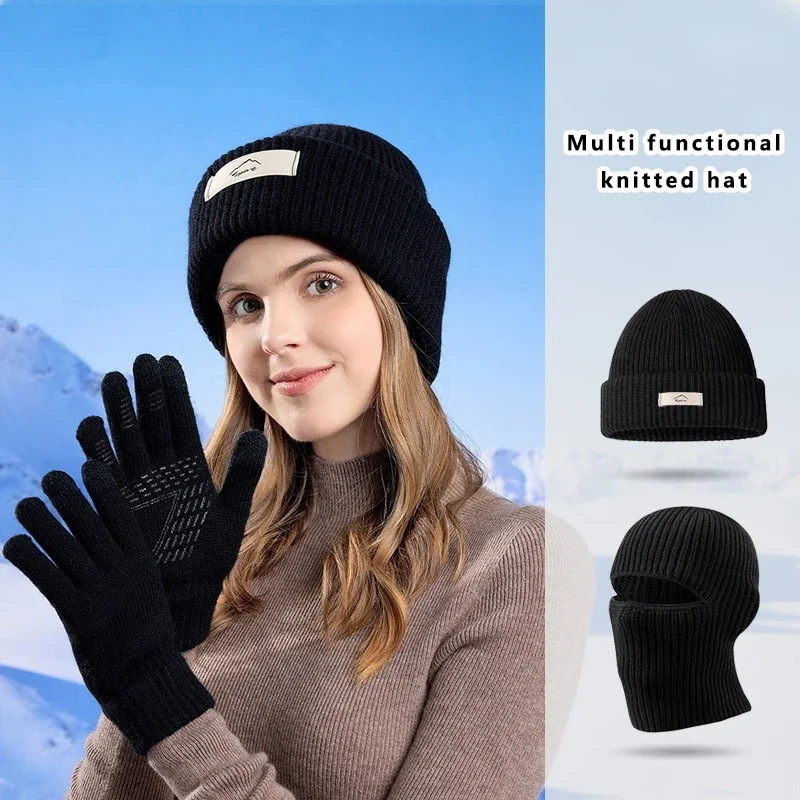 Invierno 3 unids/set gorro guantes bufanda tejido cálido guantes con pantalla táctil conjunto de gorro gorro de punto con calavera pasamontañas multifuncional