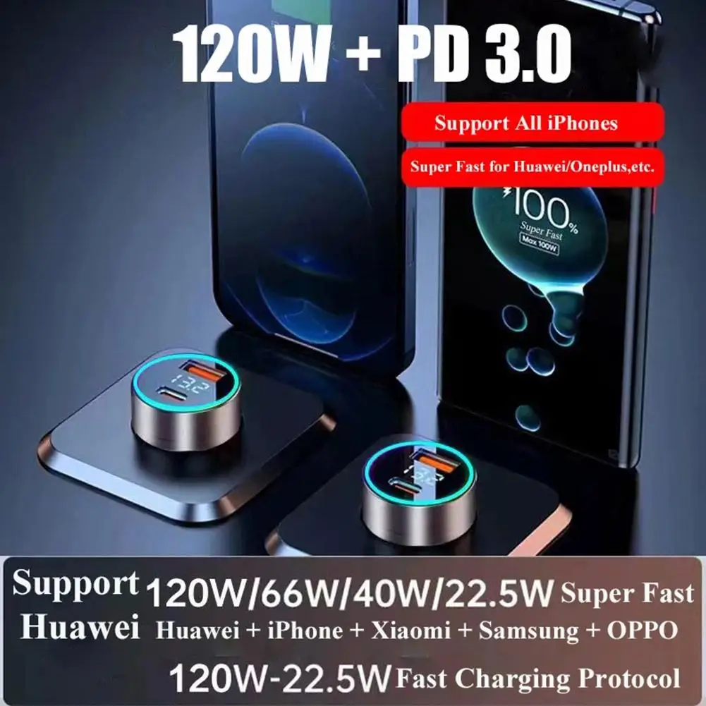 120W USB Car Charger Type C Fast Charging Phone Adapter LED Digital Display Cigarette Lighter in Car For iPhone Xiaomi Samsung
