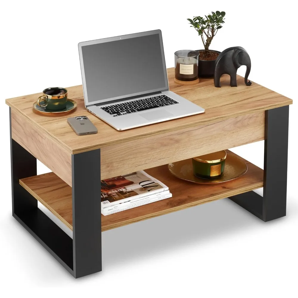 table basse relevable avec rangement - table de salon industrielle moderne - table basse avec étagère et compartiment caché - fabriquée
