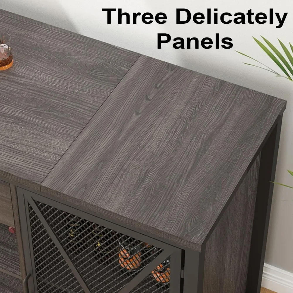 Bar Cabinet with Fridge Space, Farmhouse Big Liquor Cabinets with Drawer Storage, Rustic Wood Metal Large Wine Cabinet