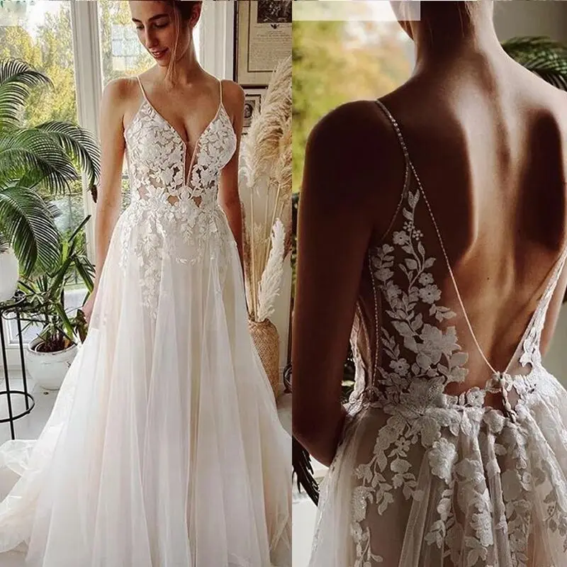 Sheer Illusion Beach Wedding Dresses 2025 Long Tulle Lace Vintage Bridal Gown A-Line Court Train Pluging V-Neck Vestido de Noiva