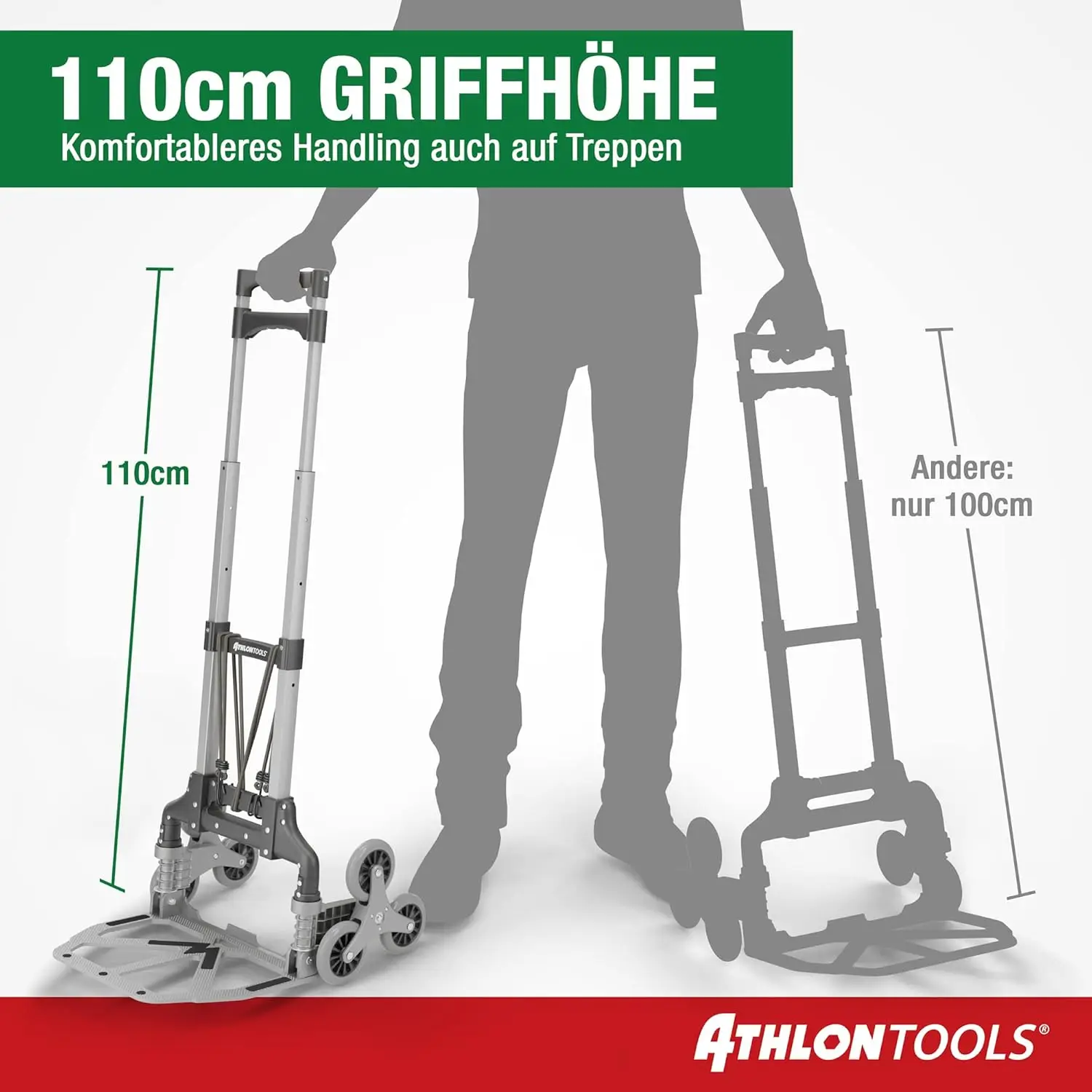 ATHLON TOOLS Aluminium Treppensteiger-Sackkarre klappbar – extra langer Griff 110 cm – Ladefläche mit Anti-Rutsch-Pads – Modell