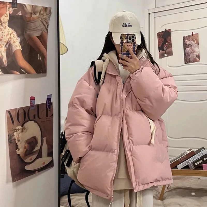 Inverno jaqueta curta mulher parkas 2025 grosso quente emendado com capuz parka oversized moda coreana solto algodão acolchoado outerwear