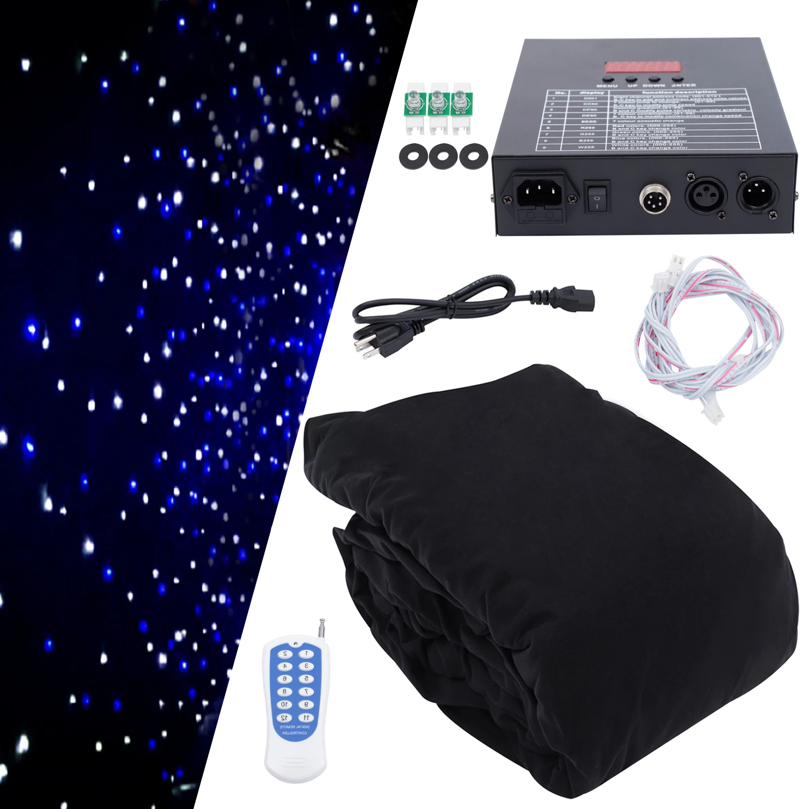 White&Blue LED Backdrop Curtain Double-Layer Velvet - About 216 LED Beads&60W Power, 9.84*13.12Ft Size&Indoor/Outdoor Applicable