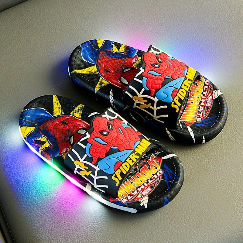 Disney Spider-Man Children's Slippers Non-slip Cartoon Light Soft Soled Slippers For Boys LED Light Luminous Children's Summer S