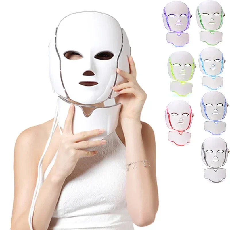 7-kleuren lichttherapie led gezichtsmasker met nek whitening huidverjonging machine gezichtsmasker huidverzorging anti acne verwijdering masker