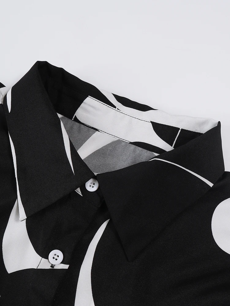 Plus Size Langarm-Modehemd, Schwarz und Weiß, Spleißen, Farbblock, Hemdkragen, lässig, Pendler, 2025, Neu