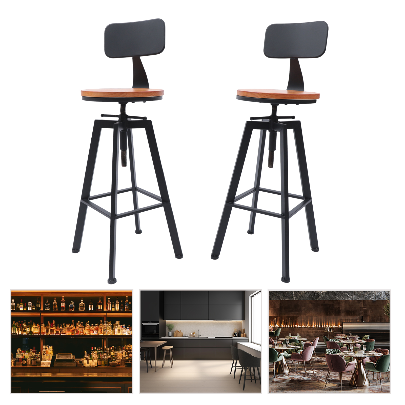 2* Barhocker, höhenverstellbar, starke Struktur, freistehend, hochwertiges Material, Holz und Eisen, bequemer Sitz, Schwarz