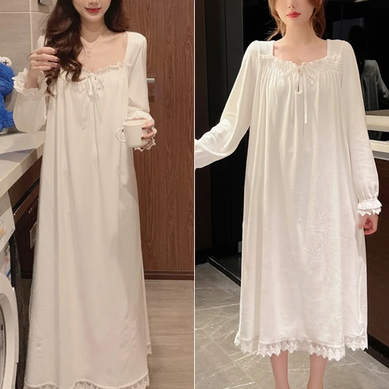 Camisola estilo princesa de manga comprida solta tamanho grande pode ser usada fora da casa usar pijamas femininos de verão renda branca coreia